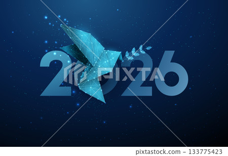 2026 numbers with paper dove holding olive branch. Peace, harmony, hope, unity, freedom, goodwill, diplomacy, aspiration, positive change concept. 133775423