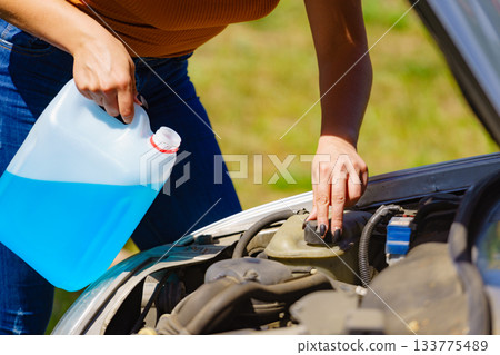 Pouring antifreeze liquid for washing car screen 133775489