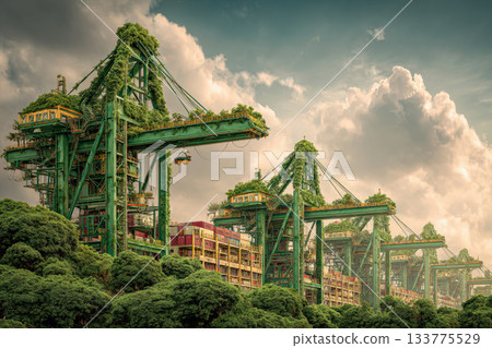 Abandoned industrial cranes overgrown with greenery cloudy sky Abandoned industrial cranes overgrown with greenery cloudy sky 133775529