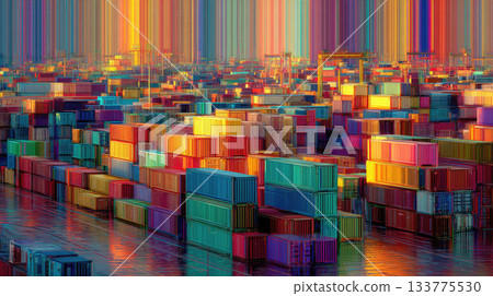 Colorful shipping container yard with vibrant light 133775530