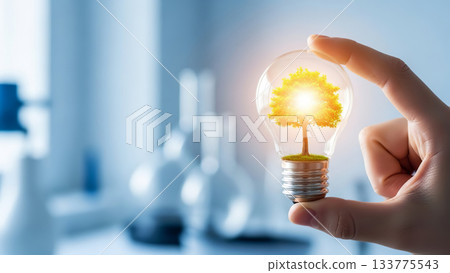 Hand holding light bulb with growing tree inside as symbol of green energy 133775543