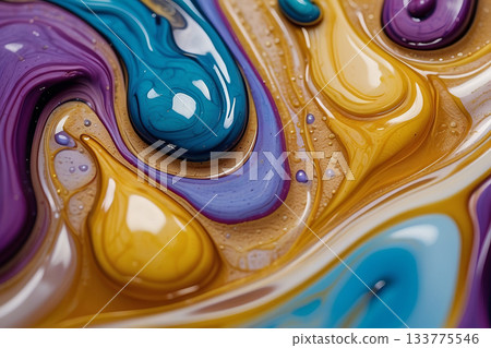Abstract fluid art background with swirling blue purple and yellow acrylic paint Abstract fluid art background with swirling blue purple and yellow acrylic paint 133775546