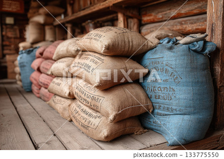 Burlap sacks stacked on wooden floor in rustic storage room 133775550