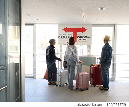 Tourists waiting with their luggage in front of a sign indicating the ferry terminal 133775759