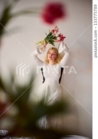 Lightskinned woman contemplating, Elegant female gazing Lightskinned woman contemplating, Elegant female gazing 133775789