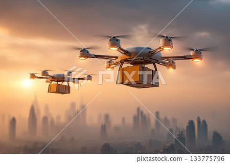 Drone delivery with packages flying over city skyline at sunset 133775796