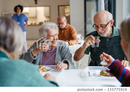 Group of seniors having lunch in community center cafeteria. Group of seniors having lunch in community center cafeteria. 133775919