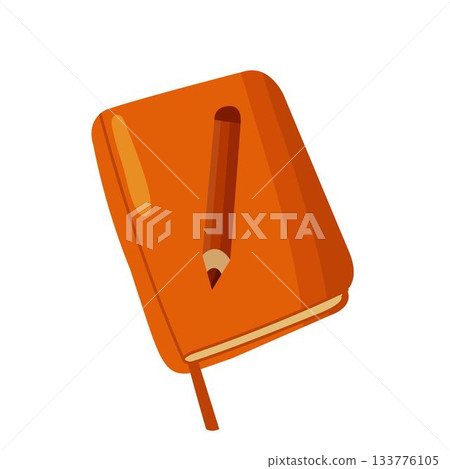 Orange notebook with a pencil illustration, ideal for stationery designs 133776105