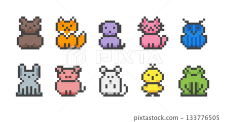 Cartoon Color Pixelated 8 Bit Featuring Adorable Animals Set. Vector illustration of Bear, Rabbit, Pig and Fox Pixel Art 133776505