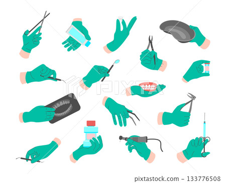 Cartoon Color Doctors Dentist Different Hands Gestures Set. Vector illustration of Hand in Gloves Holding Medical Instruments Cartoon Color Doctors Dentist Different Hands Gestures Set. Vector illustration of Hand in Gloves Holding Medical Instruments 133776508