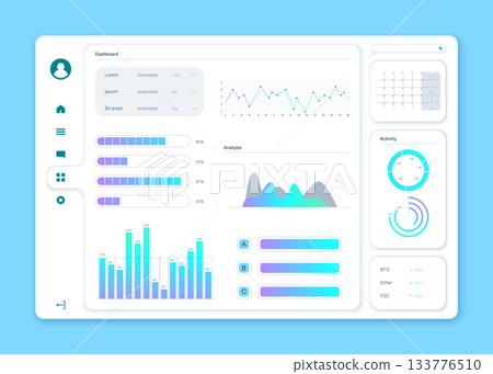 Color Dashboard Design Interface Template User or Admin Panel Analysis Concept. Vector illustration of Diagram Activity 133776510