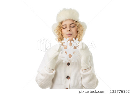 Young person with snowflake enjoying winter, isolated, PNG Young person with snowflake enjoying winter, isolated, PNG 133776592