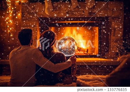 Couple enjoys intimate moment by the fireplace while holding hands and gazing at a glowing snow globe Couple enjoys intimate moment by the fireplace while holding hands and gazing at a glowing snow globe 133776835