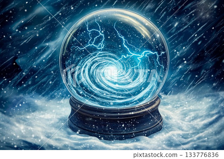 Swirling storm inside a snow globe with lightning illuminating the interior Swirling storm inside a snow globe with lightning illuminating the interior 133776836
