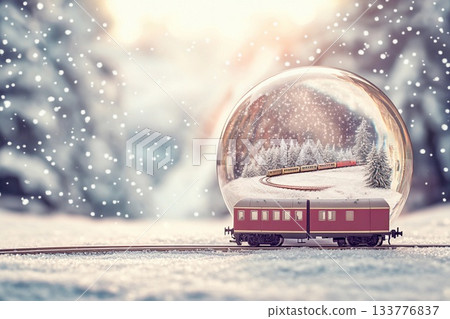 Tiny train moves through snow globe while snowflakes gently fall on a winter's day Tiny train moves through snow globe while snowflakes gently fall on a winter's day 133776837