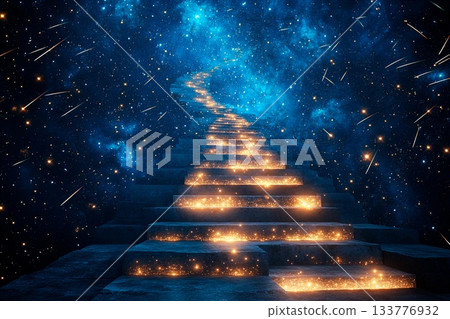 Bright cascade of shooting stars creates a glowing staircase in the cosmos 133776932