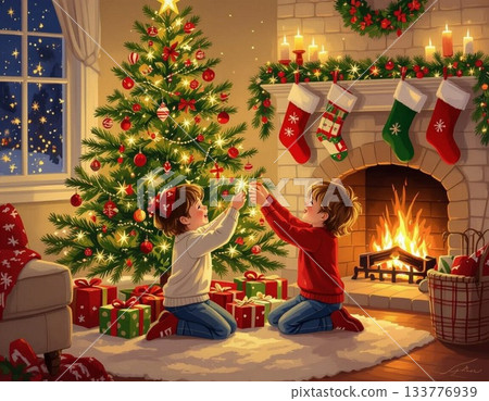 Children decorating a Christams tree Children decorating a Christams tree 133776939