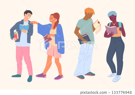 Cartoon Color Characters People Readers Couple with Books Set Literature for Knowledge or Hobby Concept. Vector illustration Cartoon Color Characters People Readers Couple with Books Set Literature for Knowledge or Hobby Concept. Vector illustration 133776948