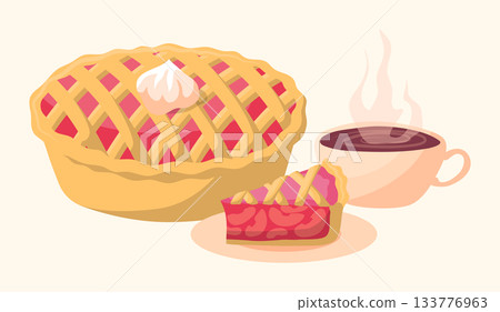 Cartoon Color Cup of Tea and Apple Pie Set Sweet Baked Pastry Concept Flat Design Style. Vector illustration 133776963