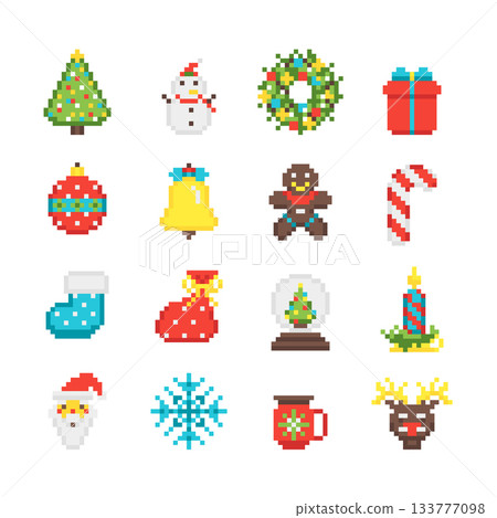 Cartoon Color Pixelated 8 Bit Christmas Elements Set of Tree, Gingerbread Man, Snowman and Snowflake. Vector illustration of Pixel Art Cartoon Color Pixelated 8 Bit Christmas Elements Set of Tree, Gingerbread Man, Snowman and Snowflake. Vector illustration of Pixel Art 133777098