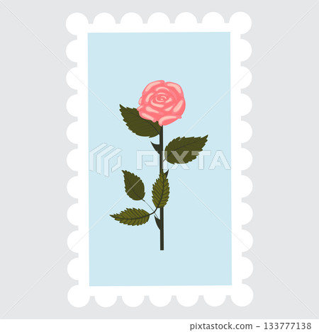 A postage stamp depicting a lush, light pink rose on a stem. 133777138