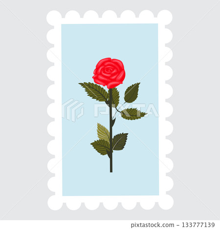 A postage stamp depicting a bright red rose on a stem. A postage stamp depicting a bright red rose on a stem. 133777139