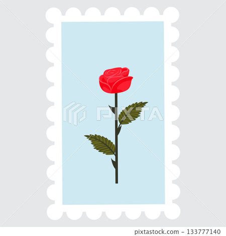 A postage stamp depicting a bright red rose on a stem. 133777140