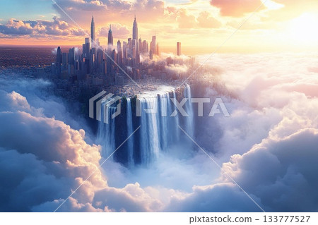 City of clouds with majestic waterfalls cascading into the abyss under a serene sky at twilight 133777527