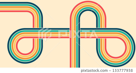 Abstract rainbow wavy lines background in retro 70s hippie style. Colorful groovy vector pattern with bright stripes and vintage sunshine vibe, perfect for wallpaper or textile design. Abstract rainbow wavy lines background in retro 70s hippie style. Colorful groovy vector pattern with bright stripes and vintage sunshine vibe, perfect for wallpaper or textile design. 133777938