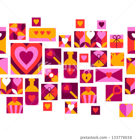 Happy Valentine Day seamless border. Holiday background with romantic items and love symbols. Happy Valentine Day seamless border. Holiday background with romantic items and love symbols. 133778038