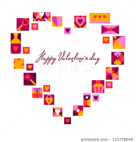 Happy Valentine Day greeting card. Holiday background with romantic items and love symbols. Happy Valentine Day greeting card. Holiday background with romantic items and love symbols. 133778049