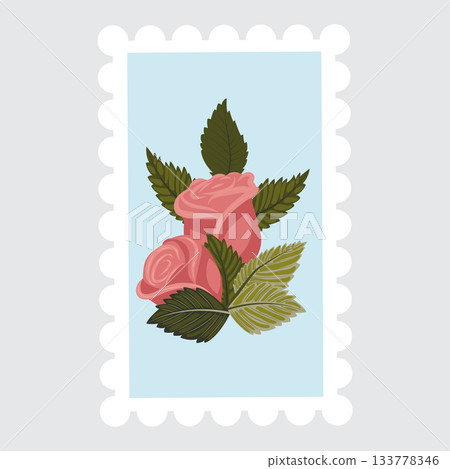 Postage stamp with an image of a composition of pink roses. Postage stamp with an image of a composition of pink roses. 133778346
