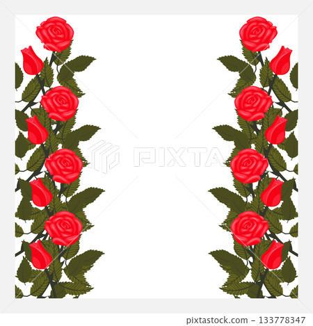 A frame decorated with bright red, lush roses and buds on the stems on the left and right edges. A frame decorated with bright red, lush roses and buds on the stems on the left and right edges. 133778347