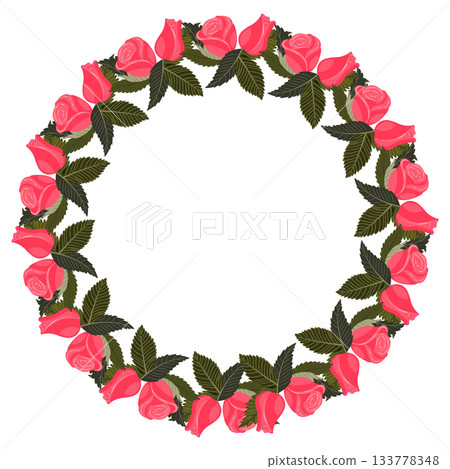 A wreath of bright pink, lush roses, buds, and branches for your design. A wreath of bright pink, lush roses, buds, and branches for your design. 133778348