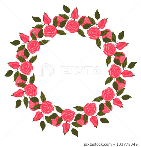 A wreath of bright pink, lush roses, buds, and branches for your design. A wreath of bright pink, lush roses, buds, and branches for your design. 133778349