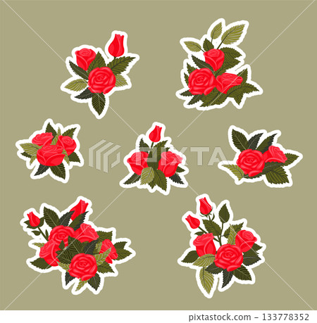 Set of red rose stickers. Vector illustration. Set of red rose stickers. Vector illustration. 133778352