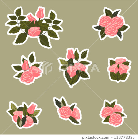A set of bright pink rose stickers. Vector illustration. A set of bright pink rose stickers. Vector illustration. 133778353