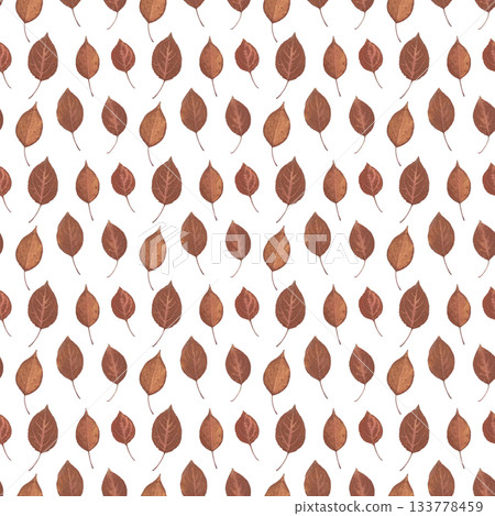 Seamless repeating pattern with dried pressed apple tree autumn leaves in brown and deep red tones, arranged on a clean white background to create an elegant seasonal botanical design. Seamless repeating pattern with dried pressed apple tree autumn leaves in brown and deep red tones, arranged on a clean white background to create an elegant seasonal botanical design. 133778459