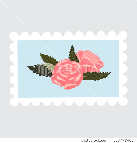 Postage stamp with an image of a composition of pink roses. Postage stamp with an image of a composition of pink roses. 133778463