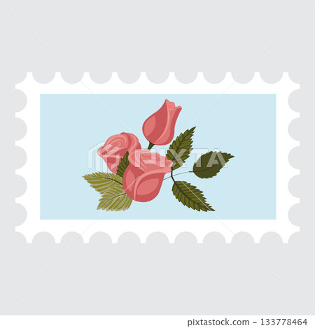Postage stamp with an image of a composition of pink roses. Postage stamp with an image of a composition of pink roses. 133778464
