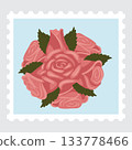 Postage stamp with an image of a composition of pink roses. 133778466
