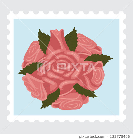 Postage stamp with an image of a composition of pink roses. Postage stamp with an image of a composition of pink roses. 133778466