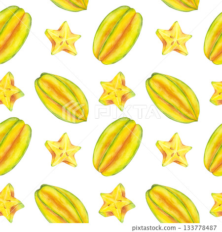 Seamless Pattern with Starfruit whole and slice yellow tropical fruit. Averrhoa carambola or Bilimbi. Botanical exotic star apple. Hand drawn watercolor illustration isolated on white background 133778487