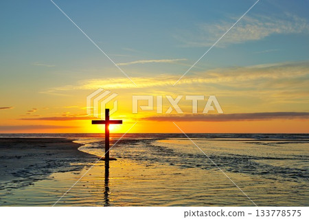 Dark Cross Sun Behind Flowing Water Dark Cross Sun Behind Flowing Water 133778575