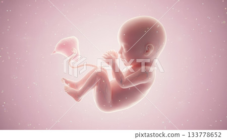 Human fetus developing inside the womb, featuring an umbilical cord and amniotic sac, representing concepts of new life, reproduction, and early human development 133778652