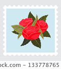A postage stamp depicting a composition red roses and leaves. 133778765
