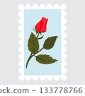 A postage stamp depicting a red rosebud on a stem with leaves.  133778766