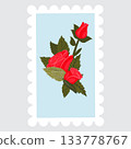 A postage stamp depicting a composition red roses and leaves. 133778767