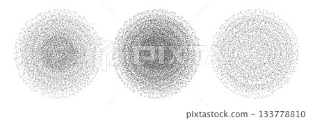 Set of abstract circles with grainy, sand stippled texture. Collection of circular shapes dotwork to create a noise gradient, perfect for retro shading or grunge design elements . Isolated vector Set of abstract circles with grainy, sand stippled texture. Collection of circular shapes dotwork to create a noise gradient, perfect for retro shading or grunge design elements . Isolated vector 133778810