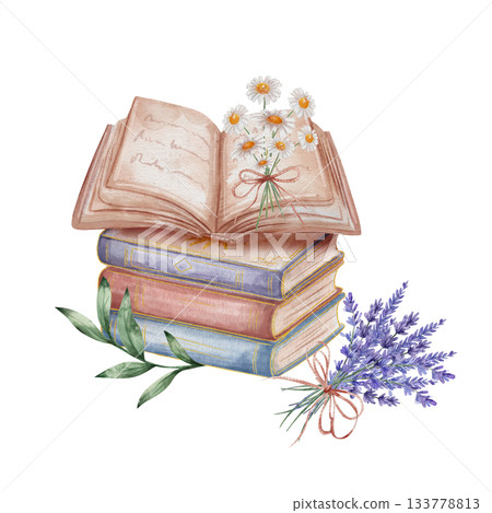 Stack of books with an open book on top. Bouquet of daisies lies on the pages. Watercolor illustration with lavender and green twig isolated on white background. Vintage literary compositions Stack of books with an open book on top. Bouquet of daisies lies on the pages. Watercolor illustration with lavender and green twig isolated on white background. Vintage literary compositions 133778813